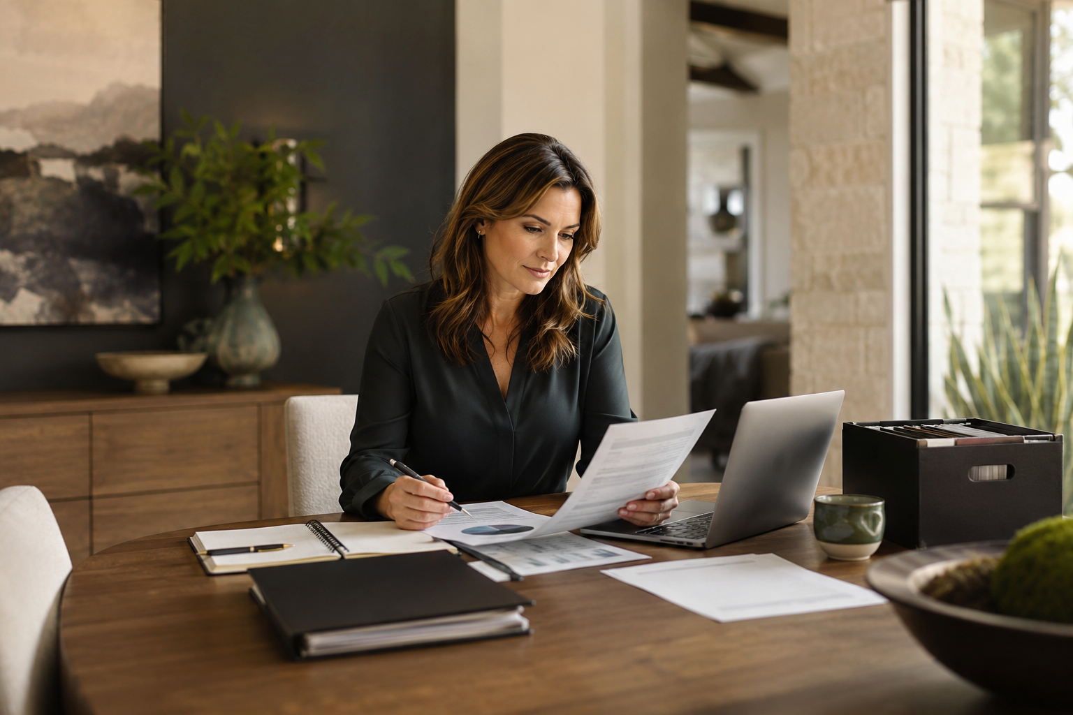 Woman reviewing financial documents and a laptop at her dining table while planning a move to Texas