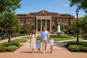 Family walking through Southlake Town Square in front of Southlake Town Hall