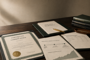 Stock certificate, articles of incorporation, and a capitalization table on a desk