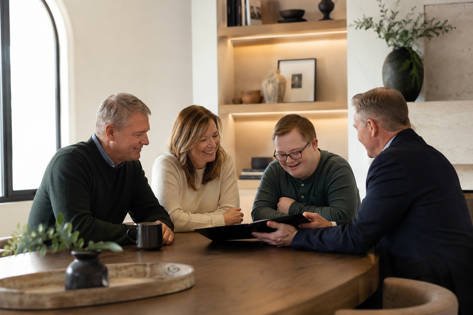 Family meeting with an advisor at home to review a special needs trust plan