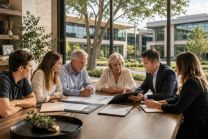 A family meeting with financial advisors around a conference table
