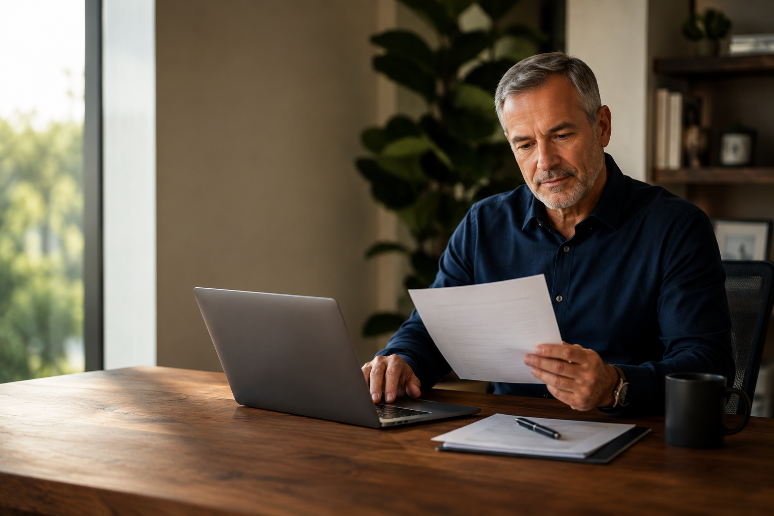 Man reviewing a financial statement at his desk while considering a retirement account decision