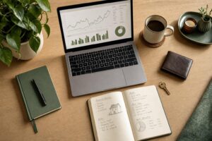 Desk with a laptop showing an investment dashboard and a notebook with financial planning notes