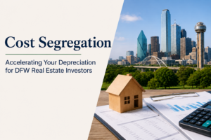 Dallas skyline behind a model house, calculator, and depreciation schedule on a desk