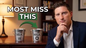 Financial advisor beside two buckets labeled IRA and HSA with an arrow pointing from IRA to HSA