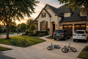 Colleyville, Texas family home at golden hour with bicycles in the driveway