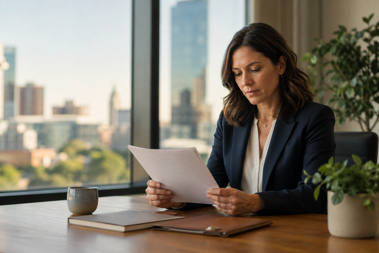 A professional reviewing equity compensation documents at her office desk