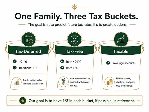 Three tax buckets: tax-deferred, tax-free, and taxable account types