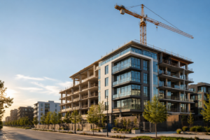 A modern apartment building under construction in an urban Opportunity Zone neighborhood