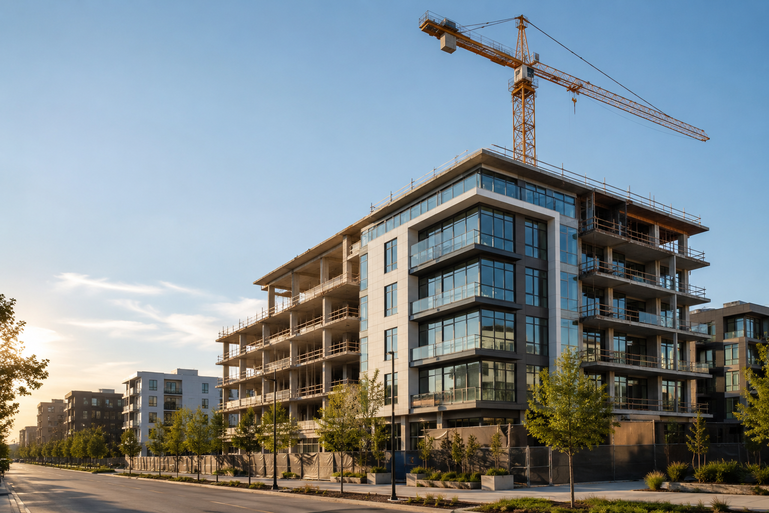 A modern apartment building under construction in an urban Opportunity Zone neighborhood
