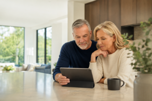 Couple in their sixties reviewing a retirement plan together on a tablet at home