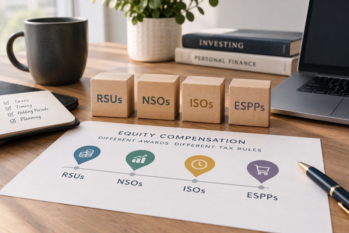 Wooden blocks labeled RSUs, NSOs, ISOs, and ESPPs on a desk beside a printed chart titled Equity Compensation: Different Awards, Different Tax Rules