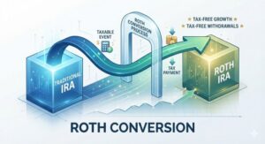 iagram of a Roth conversion moving money from a traditional IRA to a Roth IRA, with taxes paid at conversion in exchange for tax-free growth and withdrawals