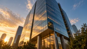 Glass office tower at golden hour, representing DFW corporate employees who receive RSUs as part of their compensation