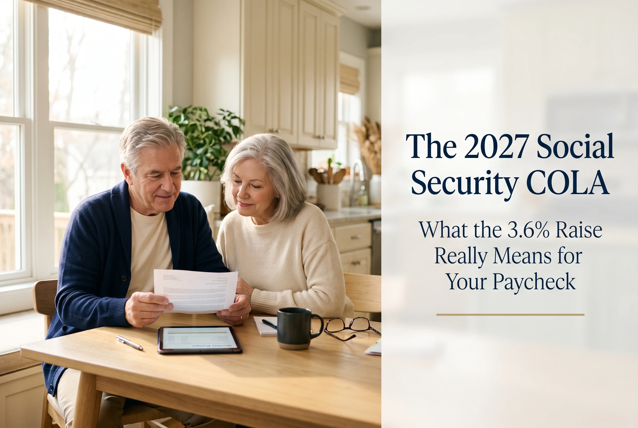 Retired couple reviewing a benefits letter at a kitchen table, with the headline The 2027 Social Security COLA: What the 3.6% Raise Really Means for Your Paycheck
