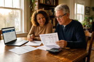 Couple at a dining table reviewing Social Security benefit estimates with a calculator and laptop