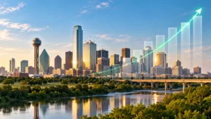 Dallas skyline with a rising growth chart representing business value