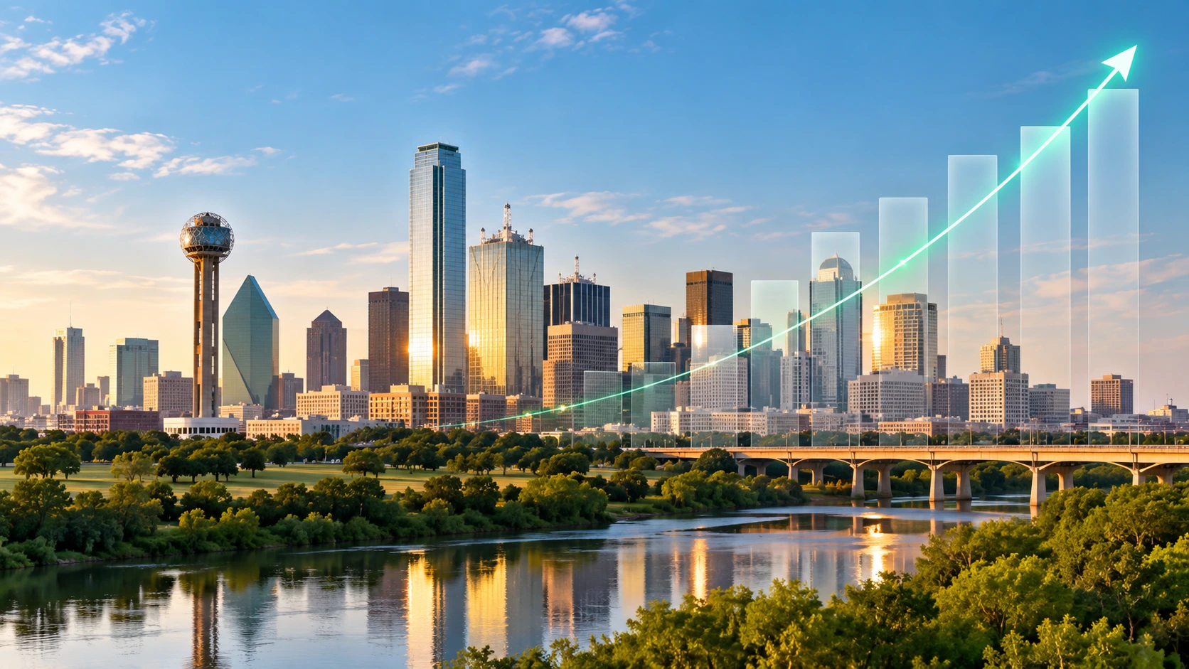 Dallas skyline with a rising growth chart representing business value