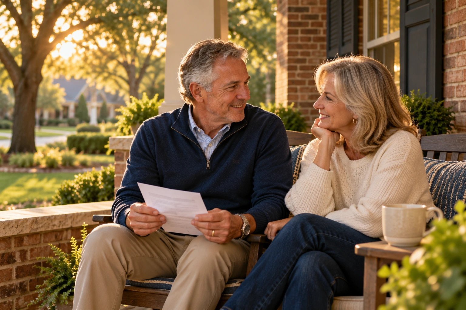 Couple in their sixties smiling on the front porch of their brick home in North Texas