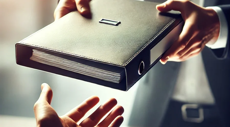 DALL·E 2024-10-05 16.38.12 - A close-up of two hands passing a folder. One arm is extended from the left, representing a business leader, holding out a sleek, professional-looking
